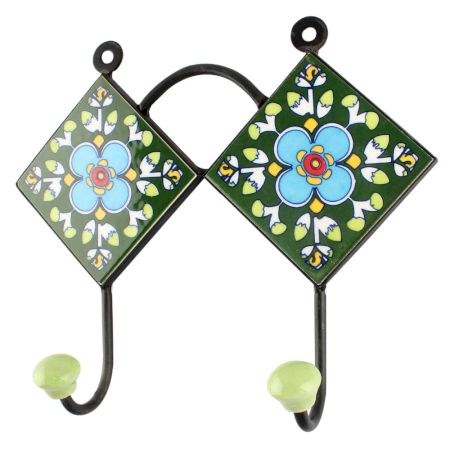Forest Green Ceramic Floral Tile Hook
